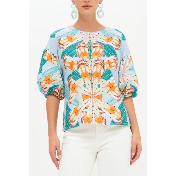 Oliphant Tops - Tuckernuck OLIPHANT Tropical Florals Balloon Sleeve Boho Coastal Blouse Top Sz L